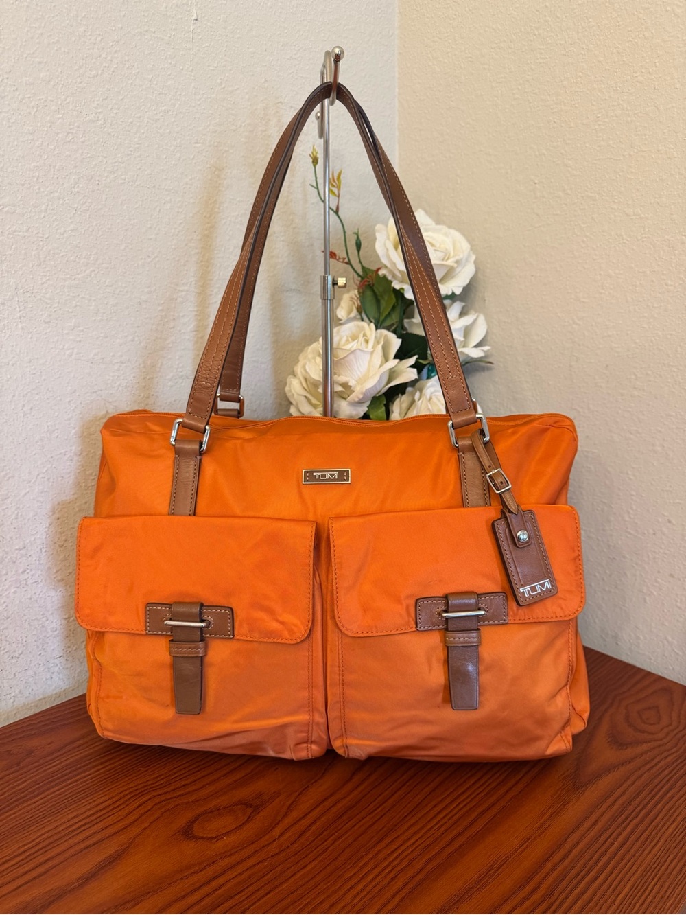 Tumi Orange Nylon Shoulder Tote with Brown Leather Trim
